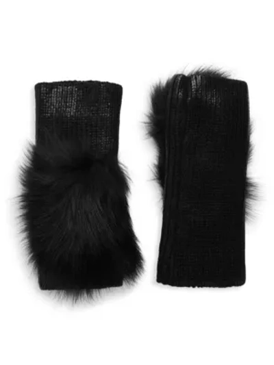 Adrienne Landau Fox Fur Pom-pom Metallic Knit Arm Warmers In Black