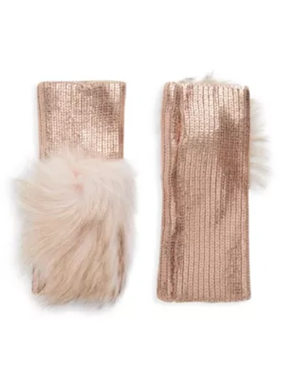 Adrienne Landau Fox Fur Pom-pom Metallic Knit Arm Warmers In Rose Gold