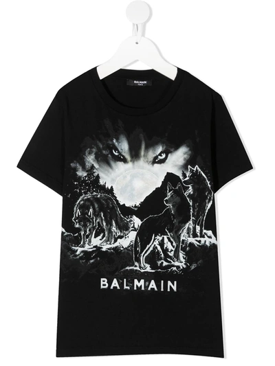 Balmain Kids' Wolves Print T-shirt In Black