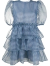 GANNI PUFF-SLEEVES CHECKED TIER DRESS