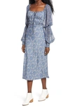 FREE PEOPLE AGLOW SMOCKED LONG SLEEVE MIDI DRESS,OB1212028