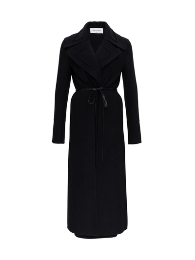 Valentino Double-breasted Coat In Double Drap With Leather Strings In Black