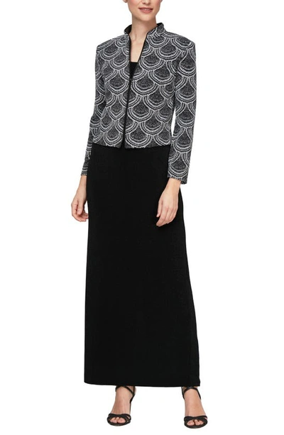 Alex Evenings Column Gown With Mandarin Collar Jacket In Black/ White
