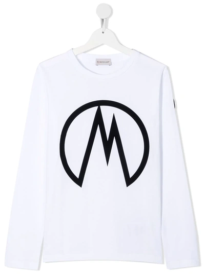 Moncler Teen Logo Print Longsleeved T-shirt In White