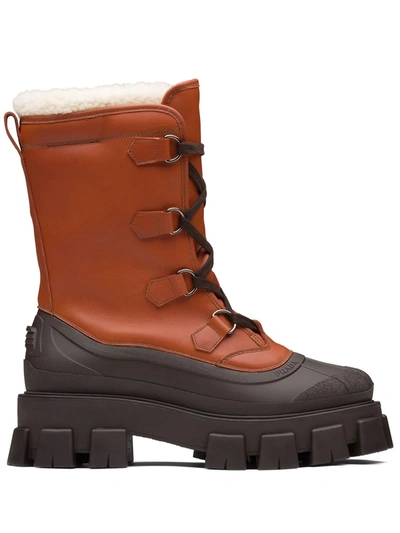 Prada Shearling-lined Leather Boots In Brown