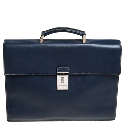 Pre-owned Prada Navy Blue Saffiano Cuir Leather Work Briefcase