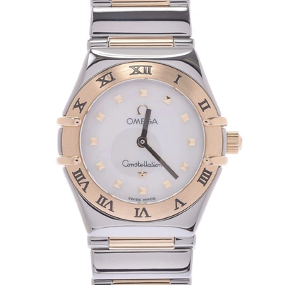 Pre-owned Omega Mop 18k Yellow Gold And Stainless Steel Constellation Quartz Women's Wristwatch 22 Mm In White