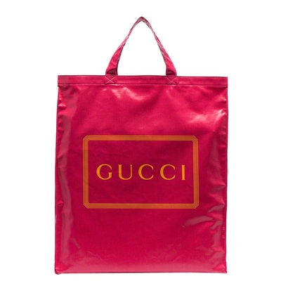 Pre-owned Gucci Pink Logo Print Cotton Medium Tote Bag In Red