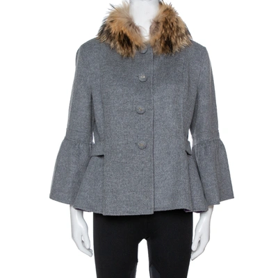 Pre-owned Ch Carolina Herrera Grey Wool Fur Trim Peplum Jacket L