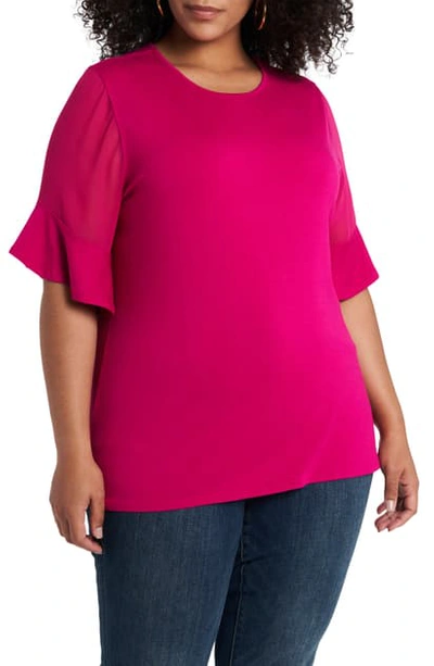 Vince Camuto Plus Size Flutter Sleeve Mix Media Top With Chiffon Inset In Casbah Pink