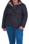 Barbour Millfire Diamond Hooded Quilted Jacket In Dk Navy/ Oatmeal Tartan