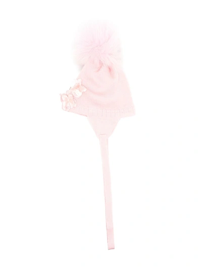 Monnalisa Babies' 花卉缝饰绒球套头帽 In Pink