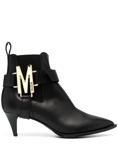 Moschino Logo-plaque Pointed Boots In Black