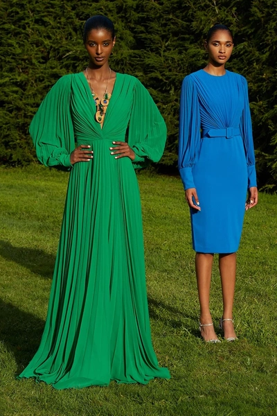 Badgley Mischka Pleated Long Sleeve Day Dress In Palm Green | ModeSens