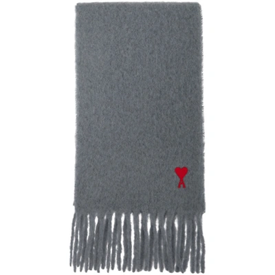Ami Alexandre Mattiussi Grey Mohair Heart Logo Scarf In 050 Grey