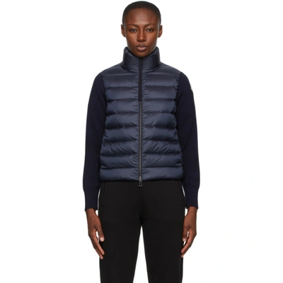 Moncler High-neck Knit-sleeve Padded Down Jacket In Navy