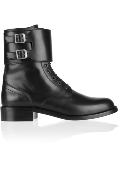 Saint Laurent Black Leather Double Buckle Detail Lace Up Combat Boots