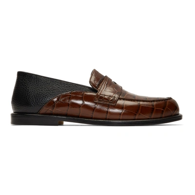 Loewe Collapsible-heel Croc-effect And Full-grain Leather Penny Loafers In Brown