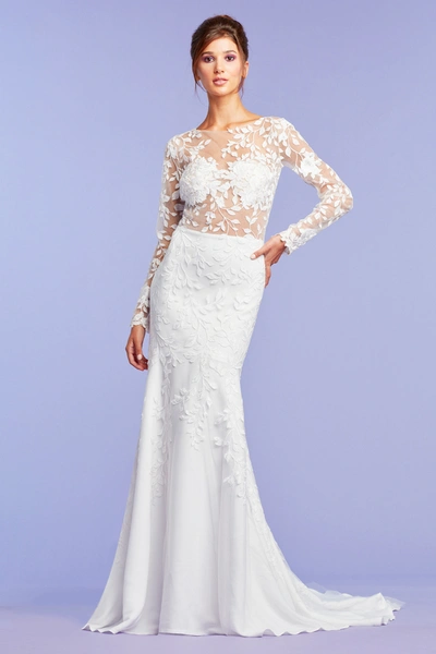 Tadashi Shoji Holden Long-sleeve Illusion Gown In Ivory