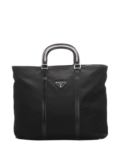 Pre-owned Prada Logo Plaque Tote Bag In Black