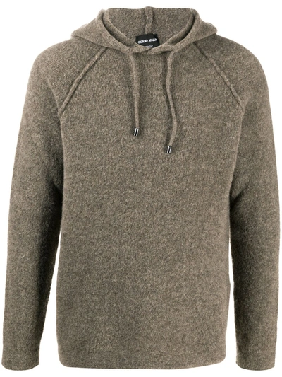 Giorgio Armani Drawstring Knitted Hoodie In Brown