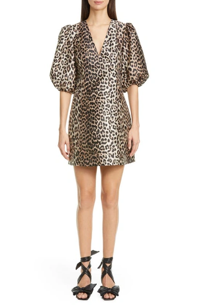 Ganni Gathered Leopard-jacquard Mini Dress In Beige