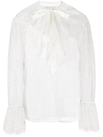 Alberta Ferretti Pussybow Silk Lace Blouse In White