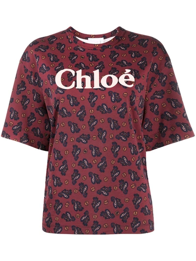 Chloé Printed Cotton-jersey T-shirt In Burgundy