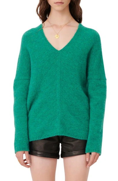 Maje Madison V Neck Sweater In Green