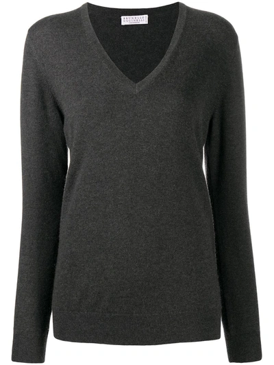 Brunello Cucinelli V-neck Cashmere Jumper In Grey
