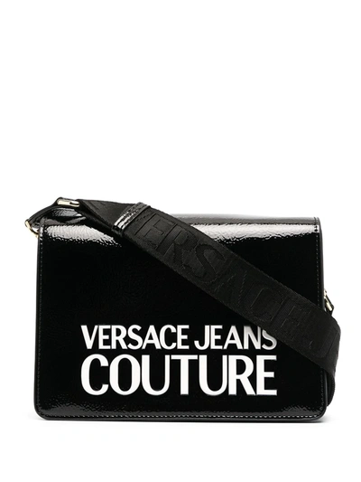 Versace Jeans Couture Glossy Logo-print Shoulder Bag In Black