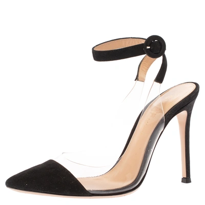 Pre-owned Gianvito Rossi Black Pvc And Leather Anise Pointed Toe Ankle Strap Sandals Size 34.5