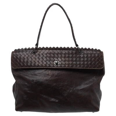 Pre-owned Bottega Veneta Dark Grey Intrecciato Leather Tina Top Handle Bag