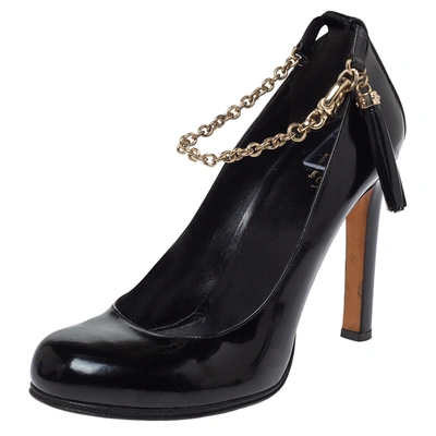 Pre-owned Gucci Black Patent Leather Ankle Strap Tassel Pumps Size 38.5