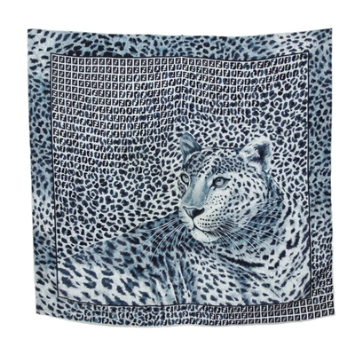 Pre-owned Fendi Blue Leopard Print Silk Scarf