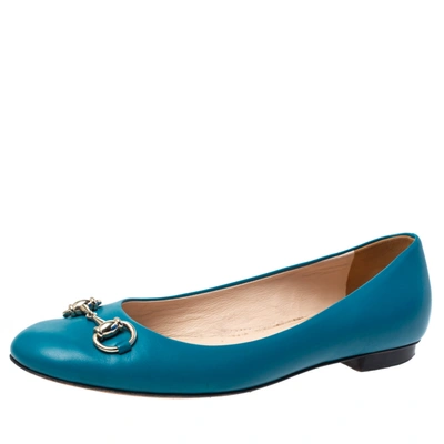 Pre-owned Gucci Teal Leather Horsebit Ballet Flats Size 38 In Blue