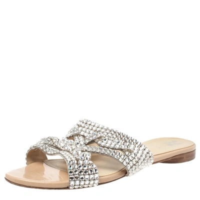 Pre-owned Gina Beige Crystal Embellished Flat Slide Sandals Size 38