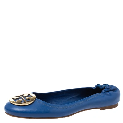 Pre-owned Tory Burch Blue Leather Minnie Scrunch Ballet Flats Size 40