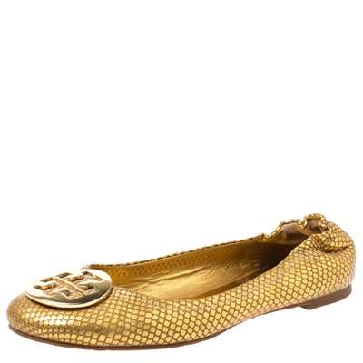 Pre-owned Tory Burch Metallic Gold Snakeskin Effect Leather Minnie Scrunch Ballet Flats Size 40