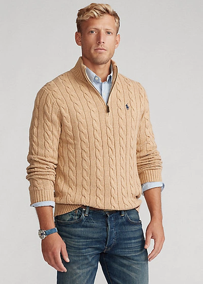 Polo Ralph Lauren Driver Icon Logo Half Zip Roving Cotton Cable Knit Sweater In Camel Heather-neutral In Neutrals