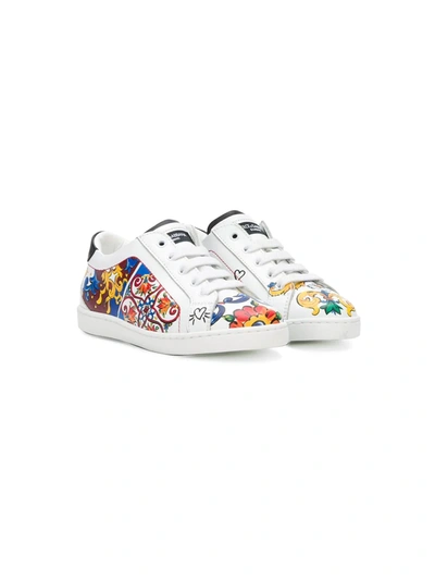 Dolce & Gabbana Kids' Majolica Print Sneakers In White