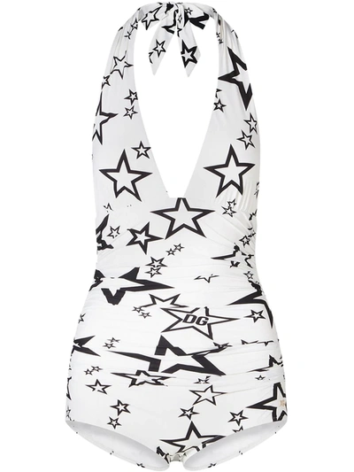 Dolce & Gabbana Millennials Star Print Swimsuit With Plunging Neckline In White