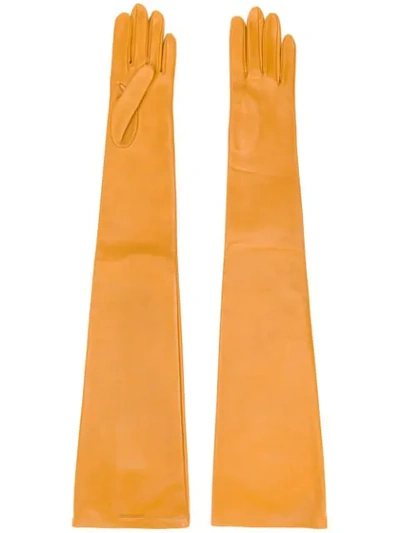 Saint Laurent Logo-embossed Long Gloves In Mustard