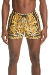 Versace Yellow And Black Swim Trunks With All-over Baroque Print In Nylon Man In Gold/ Black