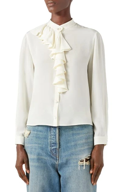 Gucci Ruffled Silk Crepe De Chine Shirt In Beige