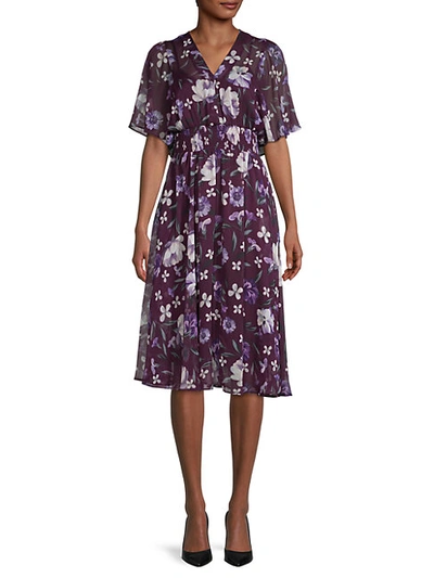 Calvin Klein Women's Floral Chiffon Shirred-waist Dress In Purple Multi