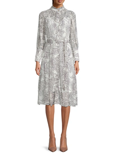 Calvin Klein Paisley Crepe Belted Dress In Cream/blk