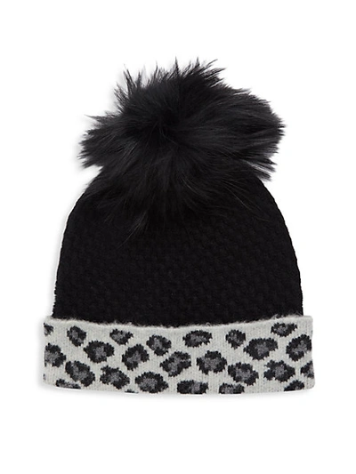 Amicale Fox Fur-top Cashmere Beanie In Black White