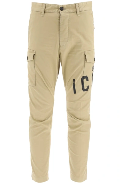 Dsquared2 Print Stretch Cotton Twill Cargo Pants In Beige