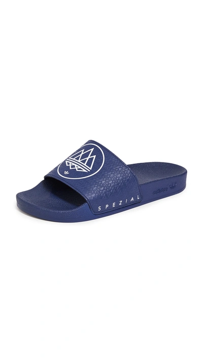 Adidas Originals Adilette Logo Print Slides In Blue